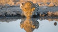 Leopard Drinking from Waterhole: A realistic scene of a leopard crouched by a waterhole Royalty Free Stock Photo
