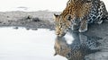 Leopard Drinking from Waterhole: A realistic scene of a leopard crouched by a waterhole Royalty Free Stock Photo