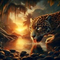 A leopard elegantly positioned by a river during a stunning sunset in a dense jungle. Royalty Free Stock Photo