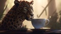 leopard enjoy hot coffee, digital art illustration, Generative AI Royalty Free Stock Photo