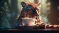 leopard enjoy hot coffee, digital art illustration, Generative AI Royalty Free Stock Photo