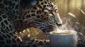 leopard enjoy hot coffee, digital art illustration, Generative AI Royalty Free Stock Photo