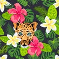 Leopard face with jungle leaves, tropical flowers seamless pattern