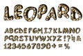 Leopard font. Hand drawn doodle alphabet of wildcats prints. Modern Uppercase letters and numbers on white background