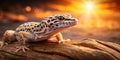 A leopard gecko basking in the warm glow of a setting sun, perched atop a weathered piece of driftwood. Generative AI Royalty Free Stock Photo