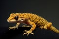 A leopard gecko is standing on a black background and looking at the camera Royalty Free Stock Photo