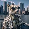 leopard in glasses, jacket against the background of buildings