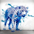 Leopard with Blue Splashes on White Background. Blue Predator. Digital Art. Generative AI