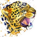 Leopard growls T-shirt graphics, leopard illustration with splash watercolor textured background. Royalty Free Stock Photo