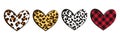 Leopard Heart. Hearts with buffalo plaid and wild animal skin background. Valentines Hearts, Plaid Heart, Leopard Heart for t-shir