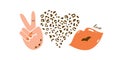 Leopard heart, peace hand symbol, kiss lips shape isolated element set for Valentines day greeting. Cute love symbols