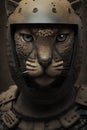 Leopard in the helmet of a medieval warrior. 3d rendering