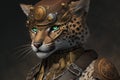 A leopard hybrid is dressed in a steampunk outfit in the front. AI