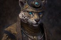 A leopard hybrid is dressed in a steampunk outfit in the front. AI