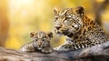 A leopard and its cub rest on a log, basking in the sun and displaying their familial connection Royalty Free Stock Photo