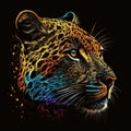 Leopard Jaguar. Abstract, graphic, colorful in neon colors artistic portrait of a leopard on a dark purple background.