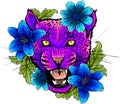 Leopard jaguar with flowers. Jaguar face with flowers, color tattoo. vector illustration on white background Royalty Free Stock Photo