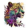 Leopard, jaguar portrait with foliage and flowers, palm leaves color drawing vector illustration