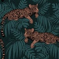 Leopard in the jungle. Seamless pattern of tropical leaves and leopards. A modern bright illustration in trendy colors
