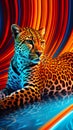 A leopard laying down on a colorful background. Generative AI image.