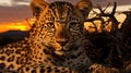 A leopard laying down in a field with a sunset in the background. Generative AI image.