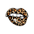 Leopard lips, fashion woman print. Sexy mouth, kiss. Wild girl vector illustration. Leo pattern instead of lipstick