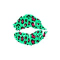 Leopard lips are green and pink.Painted colored female lips. Ideal for printing on clothes. Vector hand-drawn