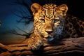 Leopard lying on a log and looking at the camera at sunset, African leopard Panthera pardus illuminated by beautiful light, a Royalty Free Stock Photo
