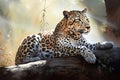 leopard lying on a log in the wild, beautiful animal portrait