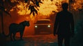 Leopard and Man Encounter at Sunset on Jungle Road Royalty Free Stock Photo