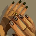 Leopard manicure. female hands with rings. Vector fashion background