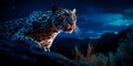 leopard on a moonlit night, its spotted coat blending seamlessly with the shadows as it readies itself to pounce on Royalty Free Stock Photo