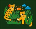 Leopard pare in jungle creative vector illustration.