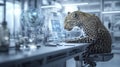 A leopard physicist analyzing quantum dynamics in a futuristic laboratory high-tech environment scientific insight Royalty Free Stock Photo