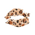 Leopard print lips. Lipstick kiss with animal pattern. Vector template for greeting card, poster, banner, label, etc