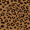 Leopard print, seamless pattern. Black spots on brown background. Wild animal skin imitation, lion, cheetah, leopard. Vector Royalty Free Stock Photo