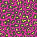 Leopard print seamless pattern. Neon cheetah skin 80 90s design. Black and yellow spots on bright pink background Royalty Free Stock Photo