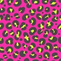 Leopard print seamless pattern. Neon cheetah skin 80 90s design. Black and yellow spots on bright pink background Royalty Free Stock Photo