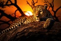Leopard resting on branch in savanna landscape at sunset