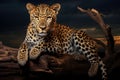 Leopard resting on a log in the evening, 3d render, African Leopard, Panthera pardus illuminated by beautiful light, resting on a
