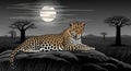 Leopard resting on rocks under the moonlight in the African savanna Royalty Free Stock Photo