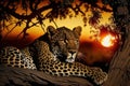 Leopard resting in a tree in the African savannah. Created with generative AI technology