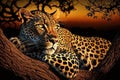 Leopard resting in a tree in the African savannah. Created with generative AI technology