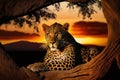 Leopard resting in a tree in the African savannah. Created with generative AI technology