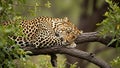 Leopard resting on tree branch in. Royalty Free Stock Photo