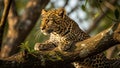 Leopard resting on tree branch in sunlit forest Royalty Free Stock Photo