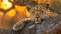 A leopard resting on a tree branch at sunset.