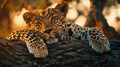 A leopard resting on a tree branch at sunset.