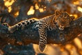 A leopard resting on a tree branch at sunset.