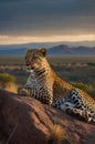 Majestic Leopard Resting on a Rock at Sunset in the African Savanna Royalty Free Stock Photo
